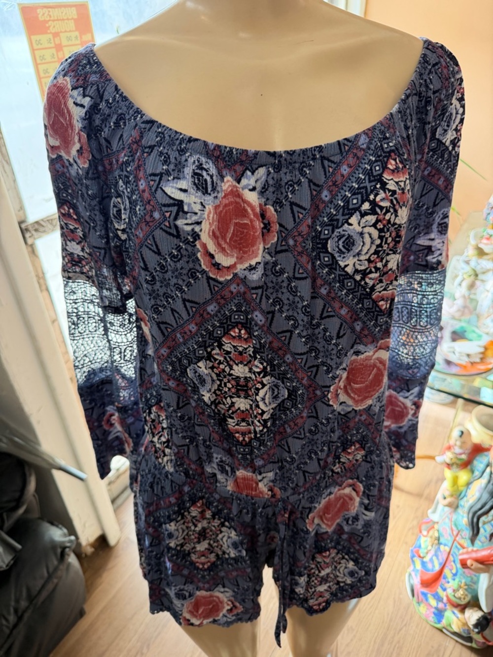 Floral Boho Off-Shoulder Romper in Navy and Rose